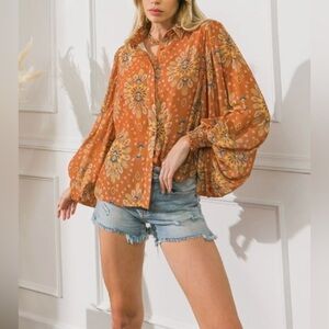 𝅺FLYING‎ tomato Boho Floral printed orange ballon sleeve semi sheer blouse